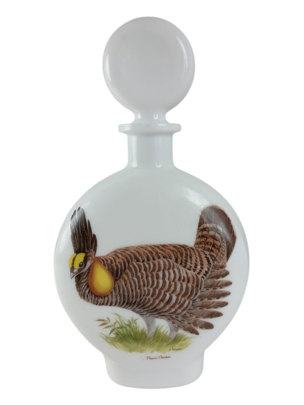 Field Birds Prairie Chicken Milk Glass Decanter 1969 Empty Bottle #3 Vintage